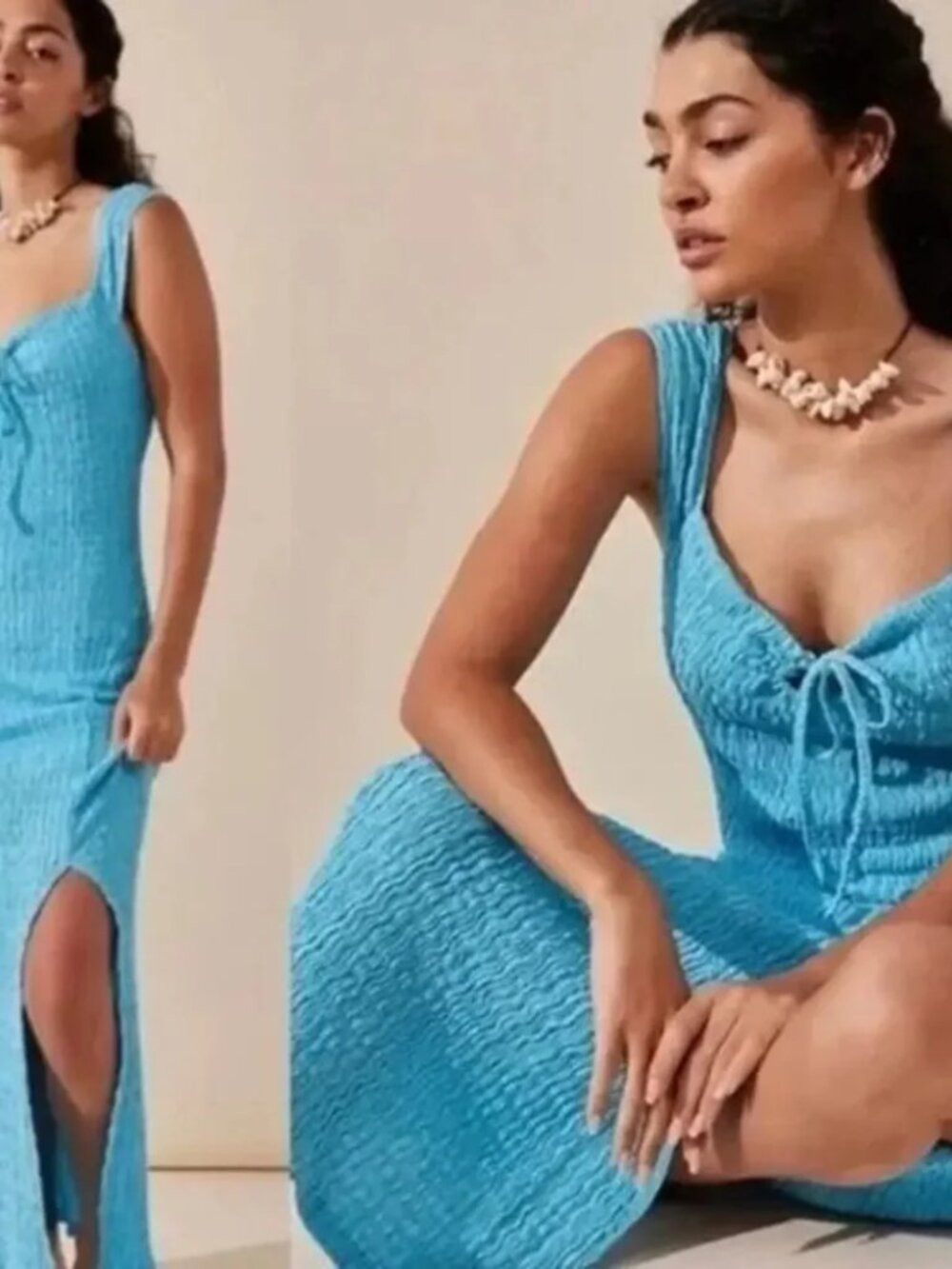 Free People Beach Dress Eleni‎ Bodycon Midi Maxi Dress Blue Sweetheart Neck Sz S